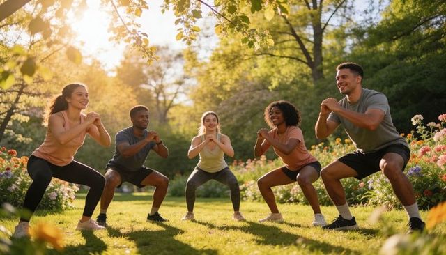 Diverse group squatting during outdoor sunrise workout in flowering park garden