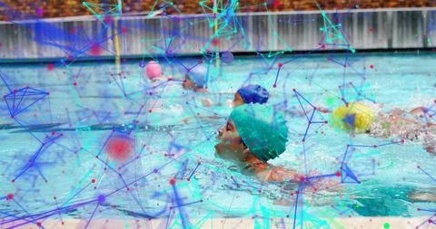 Children Swimming in Sunny Pool with Digital Art Overlay