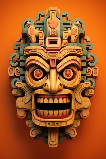 Colourful tiki mask on orange background, created using generative ai technology. Culture, tradition, decoration, pattern and colour concept digitally generated image.