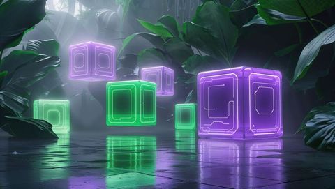 Neon cubes hovering in misty tropical forest
