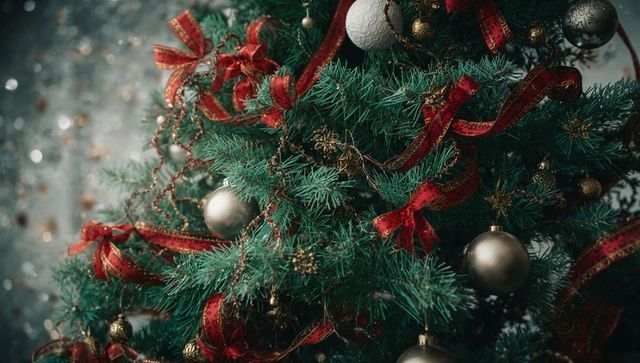 Festive decorated fir tree with baubles and ribbons