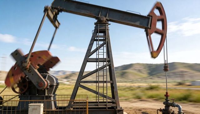Rusty pumpjack pumping oil on rural wellhead with walking beam crank motion and pipes