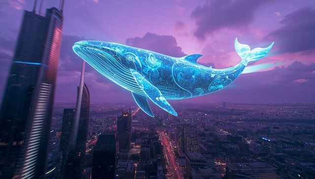 Futuristic neon whale hologram above twilight cityscape