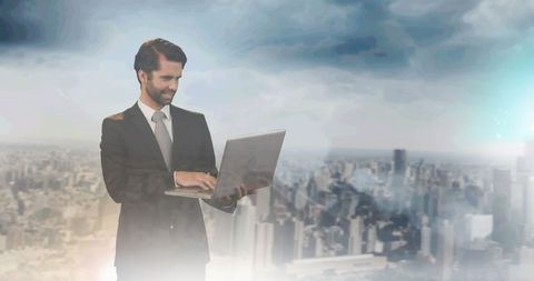 Businessman Strategizing with Laptop Over Futuristic Cityscape - Download Free Stock Images Pikwizard.com