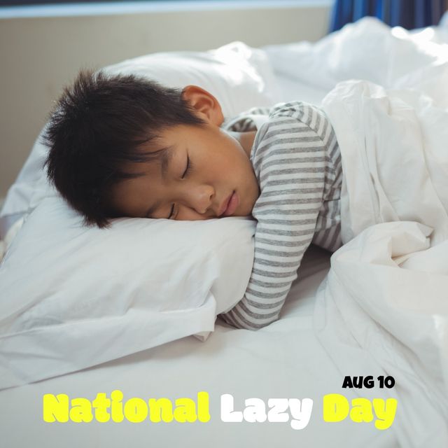 Digital composite of asian boy sleeping on bed at home and aug 10 with national lazy day text. Childhood, eyes closed, idler, relaxation, leisure and celebration concept.