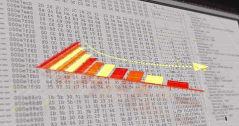 3d analytics bars overlaying hex dump visualization with rising arrow trend and data grid