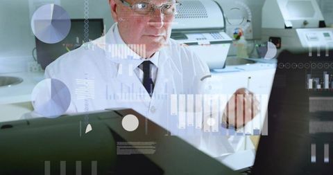 Senior scientist reviewing digital lab data on monitors with infographic overlays