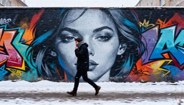 Walking man passing giant graffiti portrait on snowy urban sidewalk, street art contrast