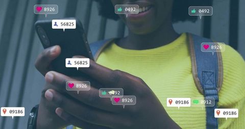 Smiling Woman Engaged with Smartphone and Social Media Icons