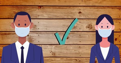 Business professionals with masks embracing safety in office