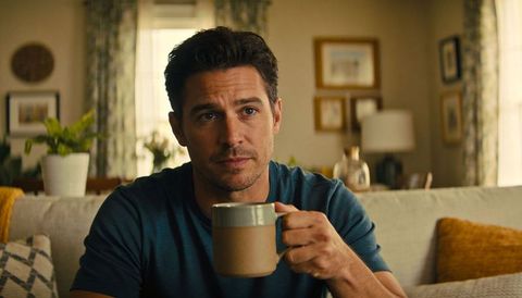 Man holding ceramic mug and gazing thoughtfully in cozy living room morning scene