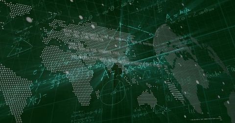 Futuristic world map with data diagrams and equations