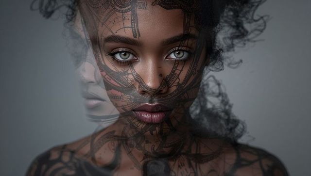 Double Exposure of Woman with Biomechanical Tattoos Facing Camera
