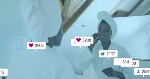 Woman relaxing in bathroom with social media engagement icons