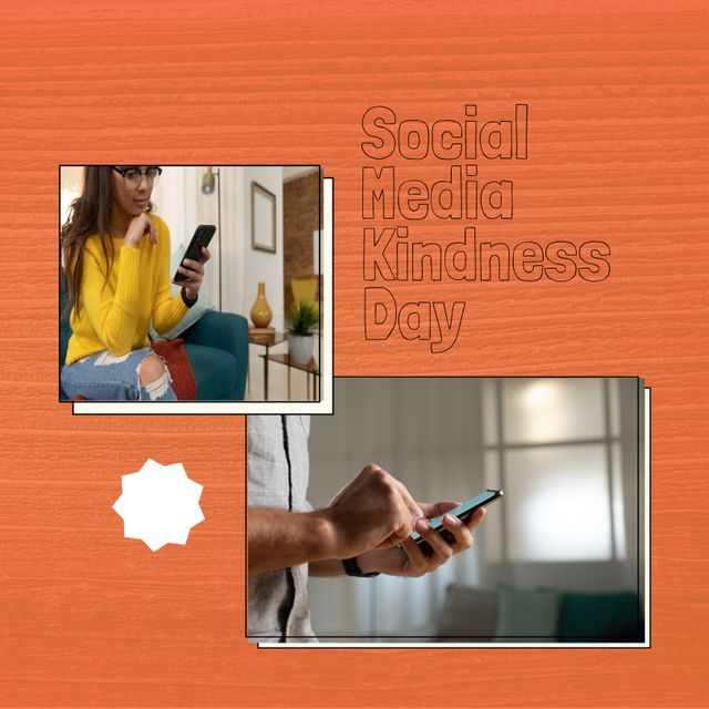 Caucasian people using smart phones with social media kindness day text in brown frame, copy space. Digital composite, raise awareness, being kind online, celebration, technology.