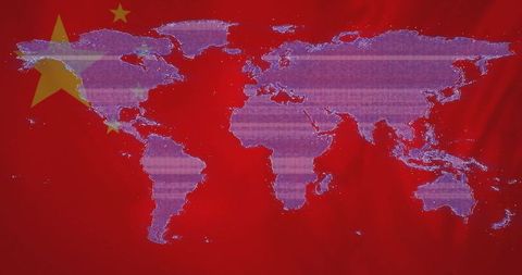 Glitch art world map with chinese five-star motif
