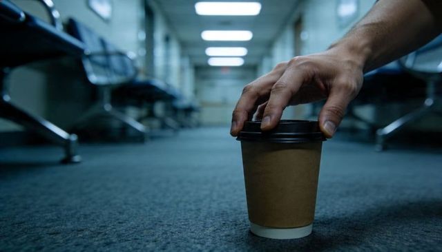 Male hand reaching paper coffee cup on carpeted waiting corridor with metal chairs