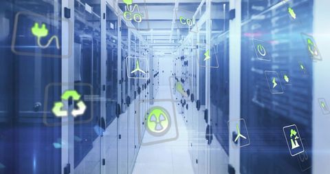 Sustainable Data Solutions: Digital Eco Icons in Modern Server Room - Download Free Stock Images Pikwizard.com