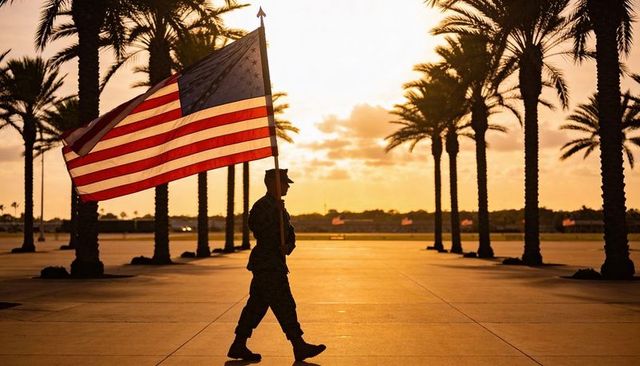 Soldier carrying american flag walking through palm-lined plaza at sunset