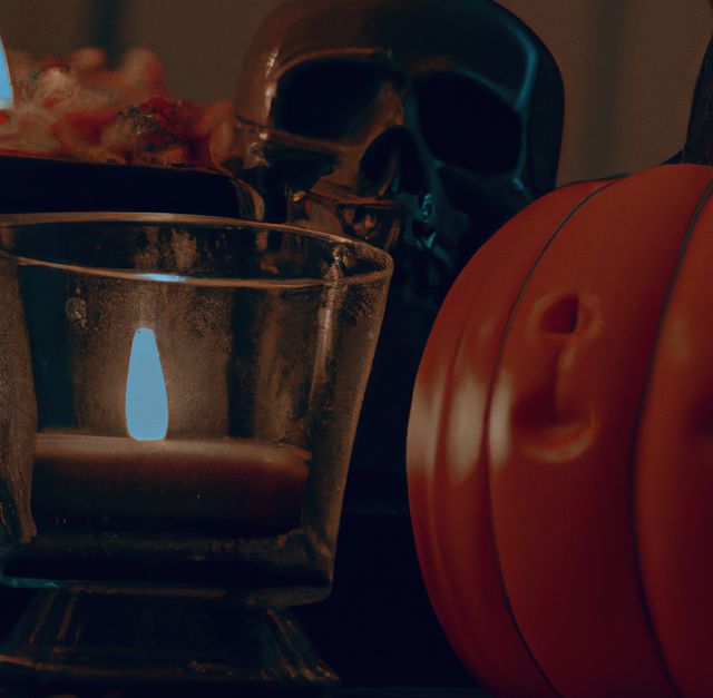 Image of close up of halloween decoration with skull, pumpkin and candle. Halloween festivity, celebration, culture and tradition concept.