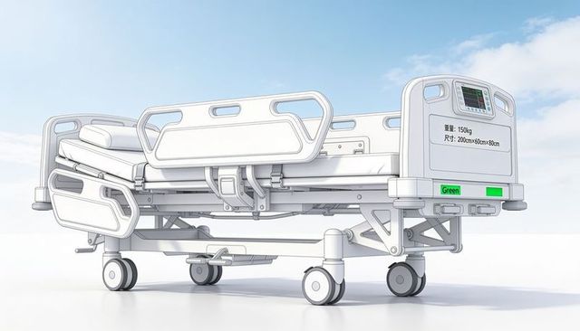 Displaying adjustable hospital bed with footboard controls, caster wheels and monitor