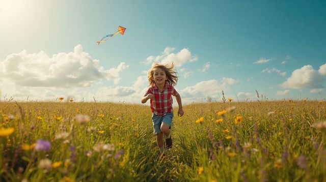 Child Running Through Wildflower Meadow Flying Colorful Diamond Kite Under Blue Sky