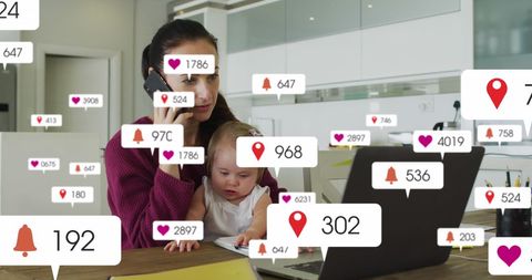 Multitasking Mother Navigating Social Media Engagement with Child - Download Free Stock Images Pikwizard.com