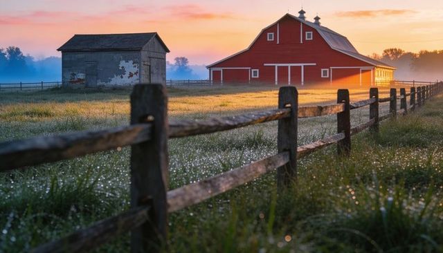 Sunlit red barn at dawn with dew-kissed meadow, weathered shed and split-rail fence