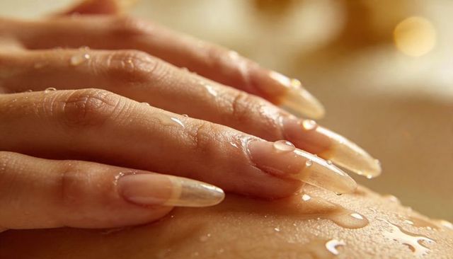 Long natural nails with water droplets on skin spa close-up warm glowing manicure