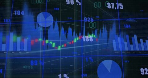 Displaying blue trading dashboard with candlestick, bar and pie charts for market analytics