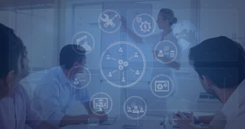 Diverse Team Collaborating with Technology Interface Overlay