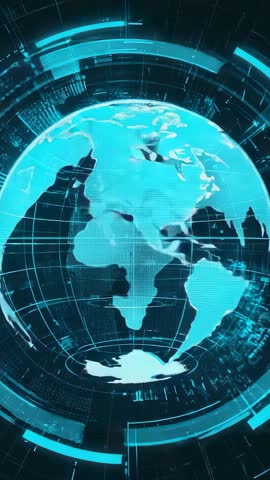 Rotating digital Earth globe with holographic data rings and scanning lines vertical video