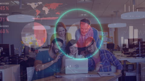 Team Collaboration on Financial Data Visualization with Futuristic Neon Elements