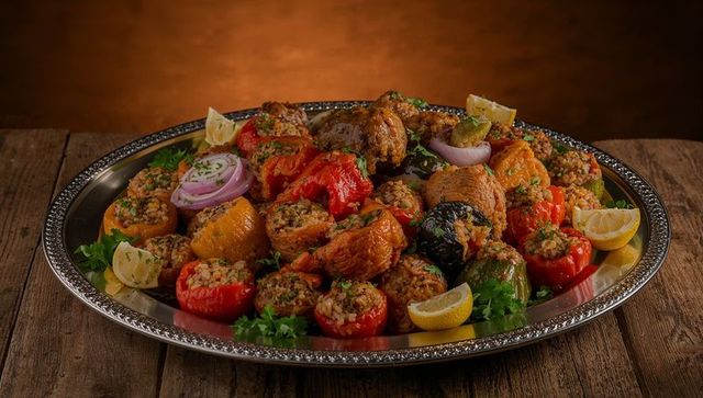 Serving mediterranean stuffed peppers, grape leaves and rice rolls on ornate silver platter