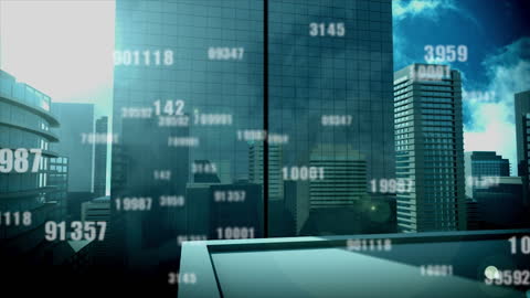 Digital Grid of Numbers Over Urban Skyscrapers