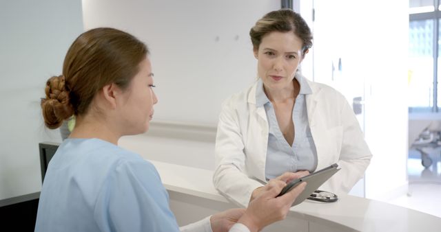 Nurse consulting with doctor in hospital reception area - Download Free Stock Images Pikwizard.com