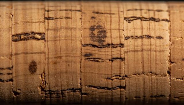 Macro cork texture revealing porous grain, fissures and seam under warm studio lighting