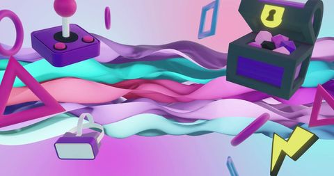 Vibrant 3d gaming elements floating on colorful background