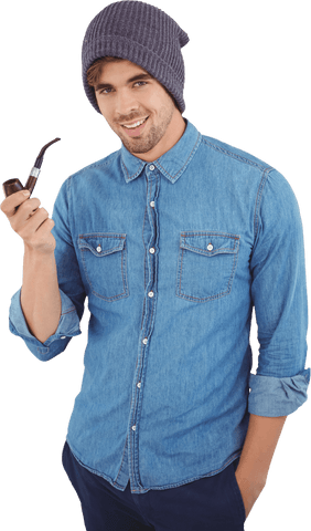 transparent hipster holding pipe in denim shirt and beanie - Download Free Stock Videos Pikwizard.com
