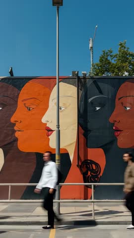 Vertical video of commuters walking past colorful four-profile mural on urban sidewalk