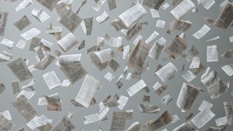 Floating paper chaos with movements and motion blur