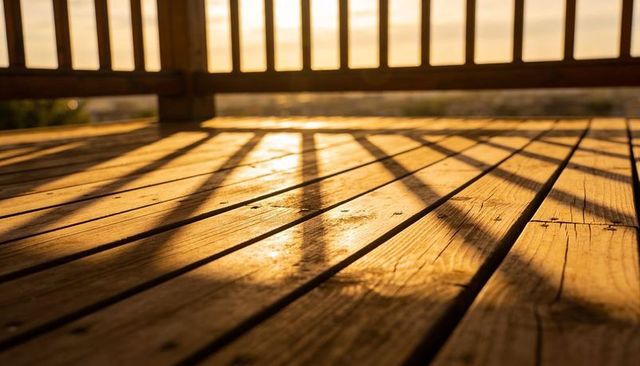 Golden sunrise casting long baluster shadows across weathered wooden deck planks