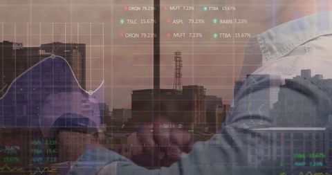 Shaking Hands Between Business Partners with Financial Data Overlay and City Skyline