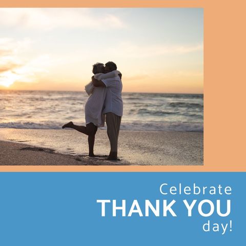 Senior Couple Embracing on Beach During Sunset for Thank You Day Celebration