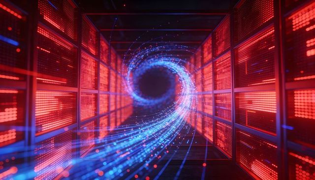 Pulsing data stream spiraling through server corridor into blue vortex with neon grids