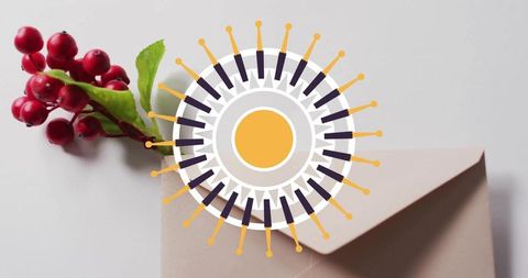Sunburst Graphic Overlay with Red Berry Sprig and Beige Envelope Flatlay for Greetings