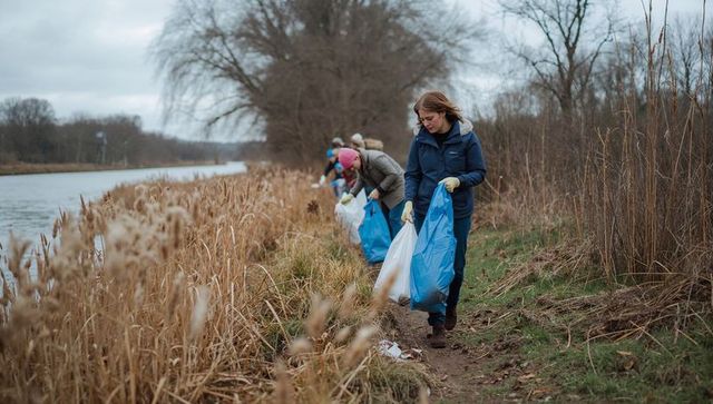 Volunteers collecting litter along riverside canal carrying blue and white trash bags