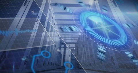 Futuristic Data Center Corridor with Virtual Interface Elements