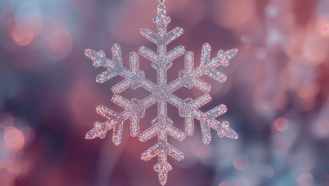 Glittering snowflake ornament against soft pastel bokeh background