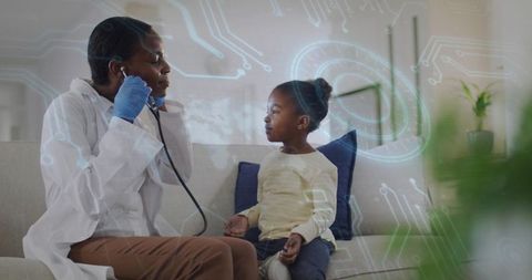 Black nurse conducting home pediatric heart check with stethoscope and tech circuit overlay